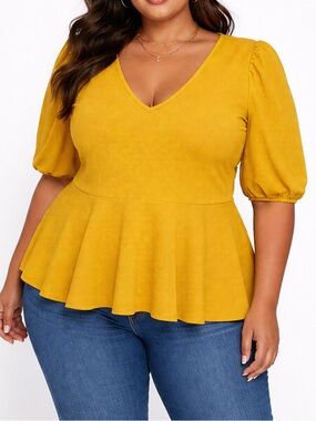 A Love Story Mustard Yellow Peplum Top Puff Sleeve V-Neck 1X NWT